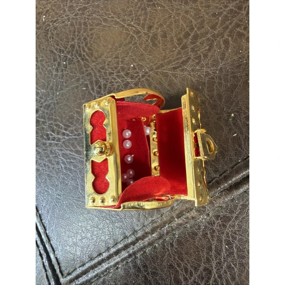Vintage Dollhouse Miniature Gold & Red Velvet Treasure Chest Trinket Box Pearls